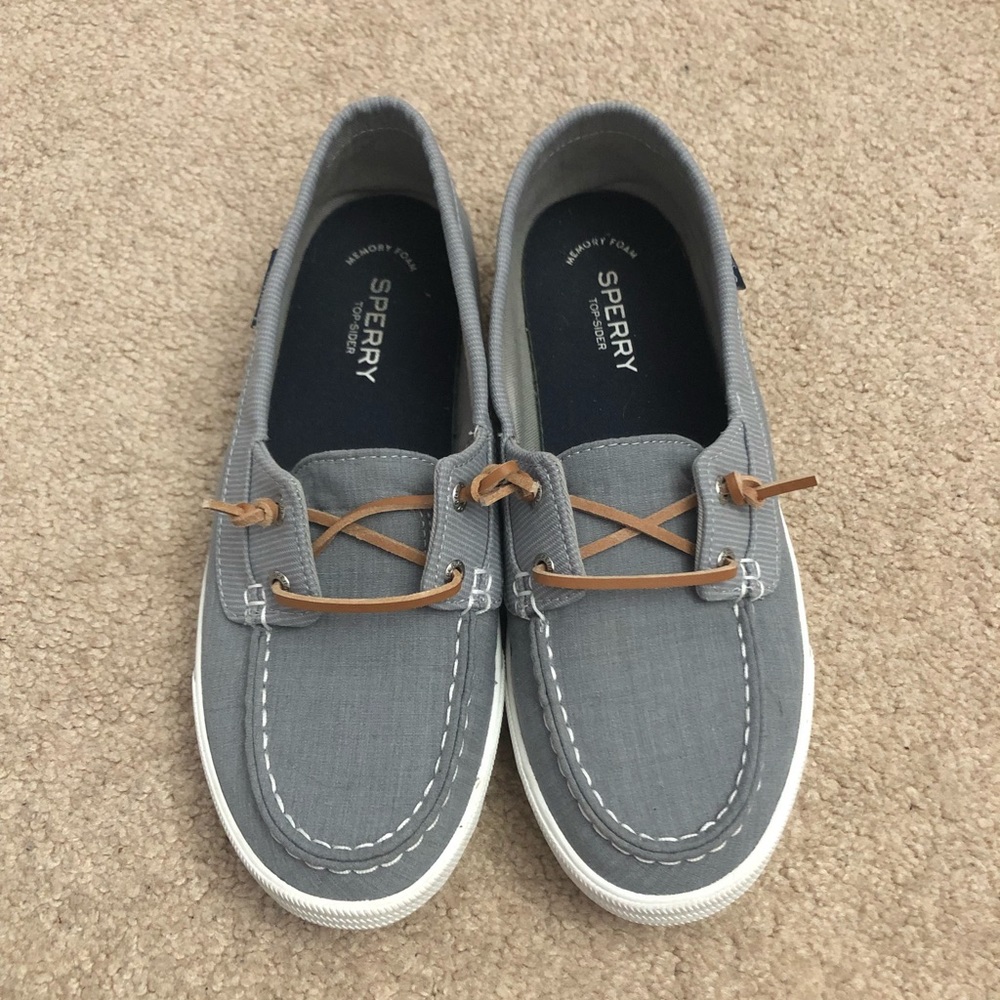 Women’s sperrys boat shoes, color: bluish- gray